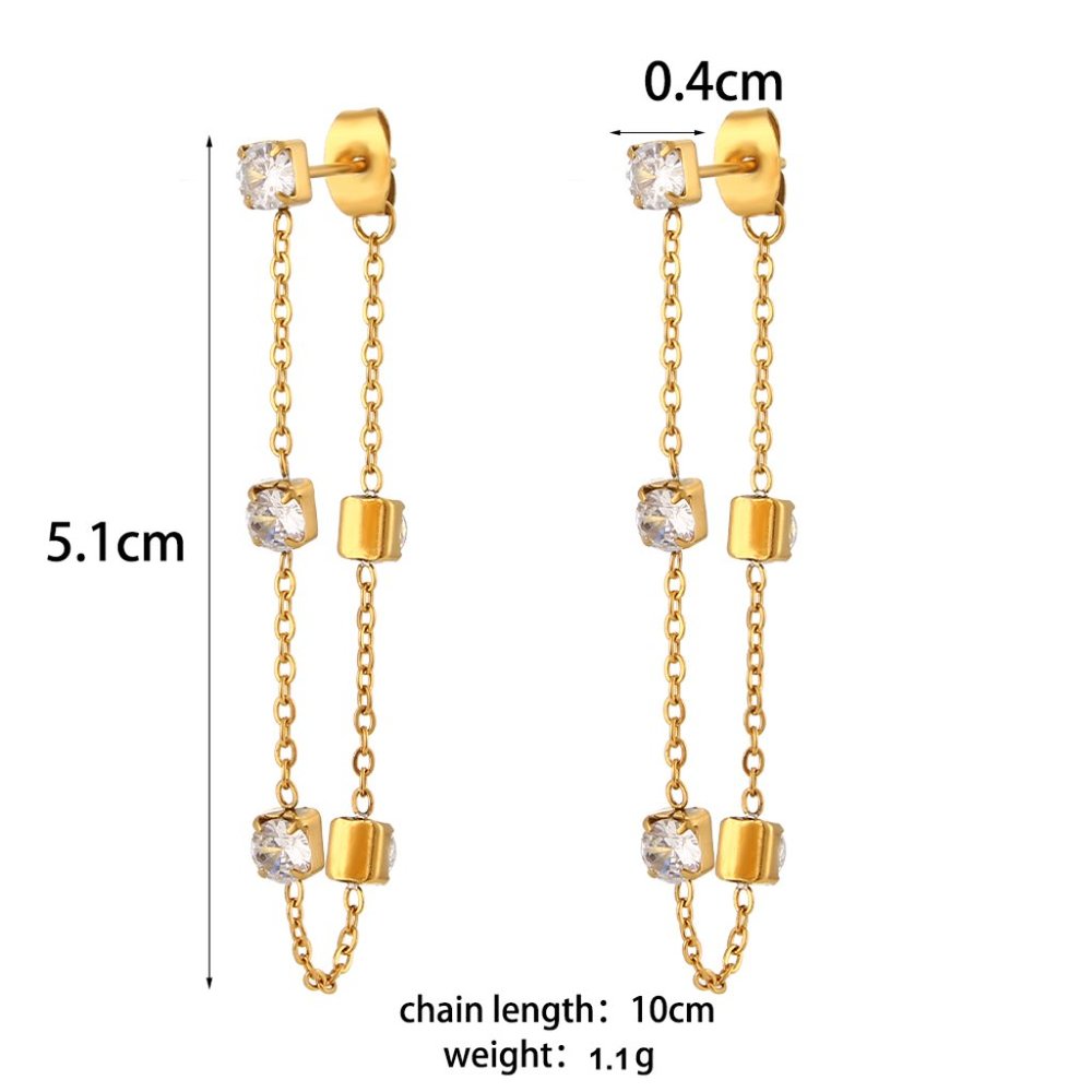 18K Gold Plated Chic Geometric Zircon Chain Drop Earrings Stainless Steel - Picture 7 of 9